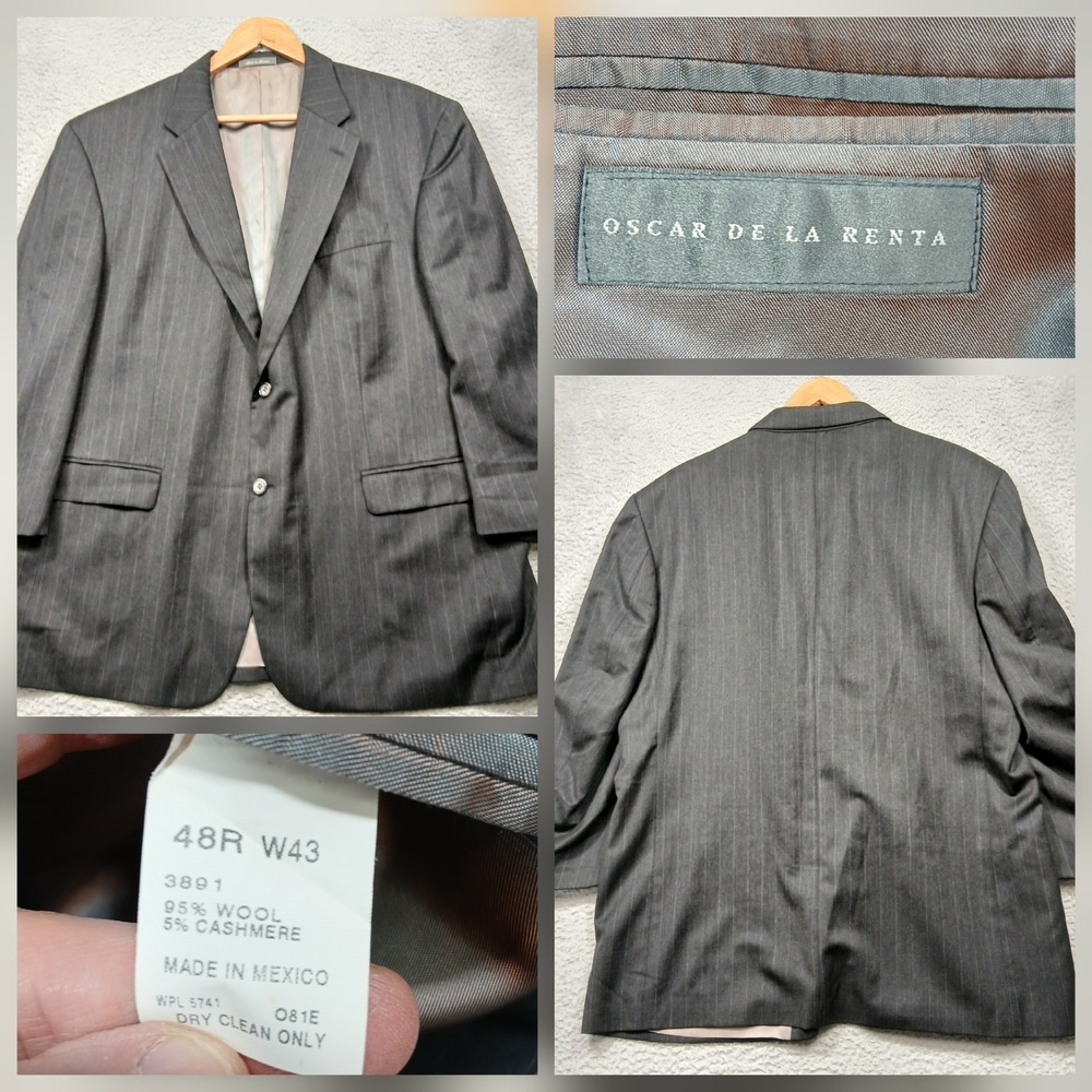 Oscar de la Renta Men's Blazer 48R Gray Pinstripe Wool Cashmere Blend Sport Coat